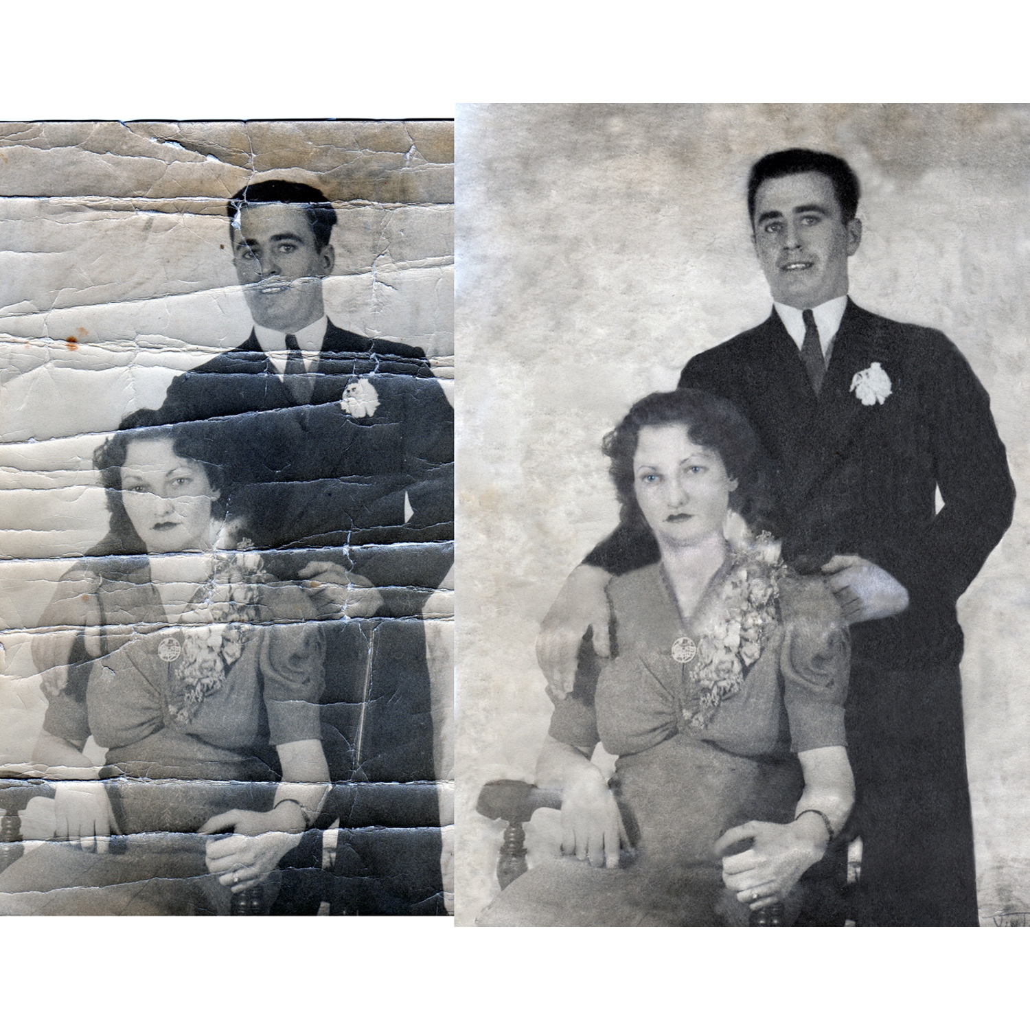A torn, creased wedding portrait next to its restored version