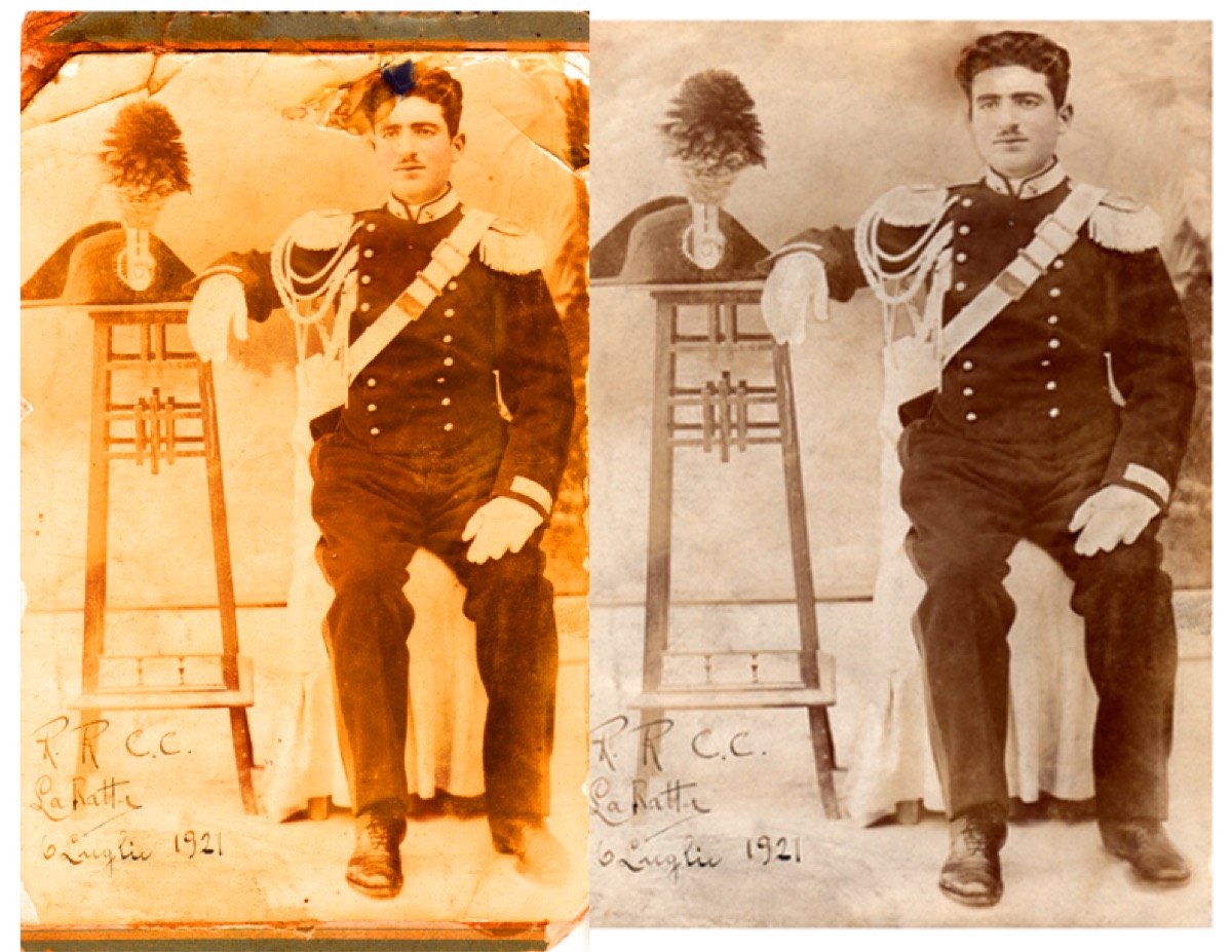 Faded military portrait before and after restoration